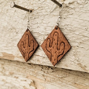 Small Diamond Cactus - Tooled Leather Earrings