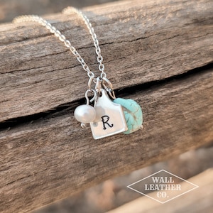 Initial Cattle Ear Tag Necklace - Pearl & Turquoise - Customized and Personalized - Country and Western Style
