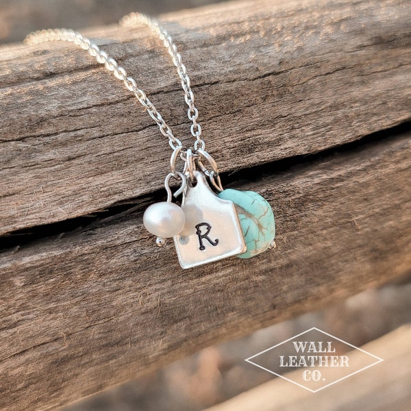 Initial Cattle Ear Tag Necklace - Pearl & Turquoise - Customized and Personalized - Country and Western Style