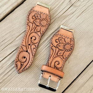 Western Tooled Leather Smart Watch Band - Sunflower & Floral Scrollwork