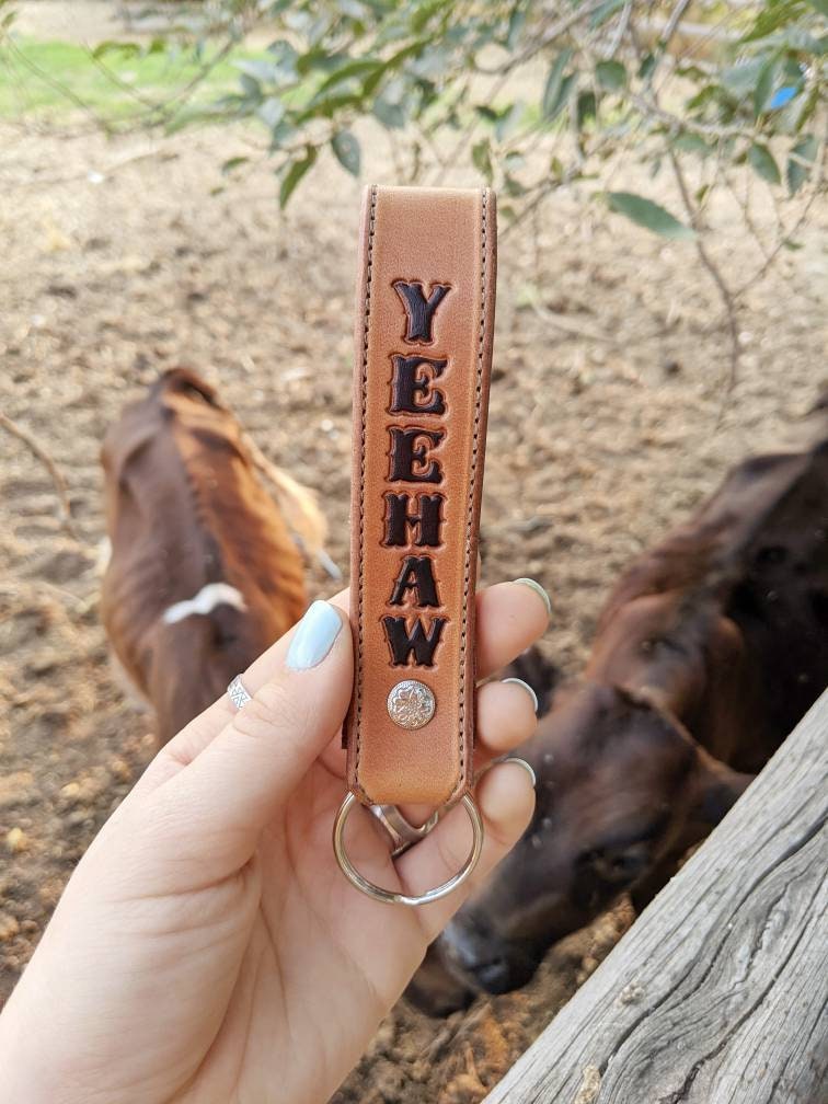 Tooled Leather Sunflower Key Fob Keychain Country Western Style