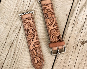 Personalized Tooled Leather Smart Watch Band with Initials - Customized Gift - Country Western Style - Floral