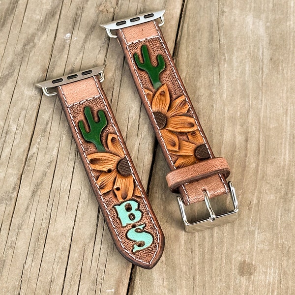 Correa de cuero repujado para reloj inteligente: girasol y cactus, inicial personalizada