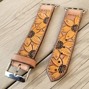 Sunflowers Tooled Leather Smart Watch Band Painted - Country Western Style - Apple Watch / Samsung Galaxy Watch / Fitbit