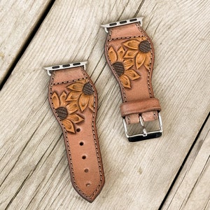 Sunflower Tooled Leather Smart Watch Band Painted - Country Western Style - Apple Watch / Samsung Galaxy Watch / Fitbit