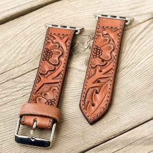 Tooled Leather Smart Watch Band - Customized Gift - Country Western Style - Floral