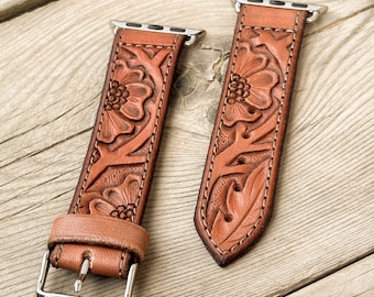 Tooled Leather Smart Watch Band - Customized Gift - Country Western Style - Floral