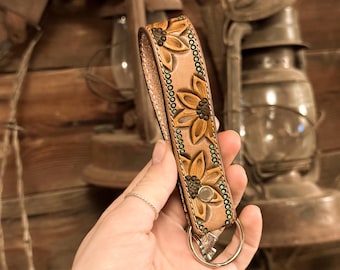 Handmade Tooled Leather Sunflower Keychain - Western Style Key Fob