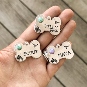 Custom Pet ID Tag with Turquoise - Cactus & Longhorn Bone Tag - Cowdog Name Tag - Country Western Ranch Farm Dog
