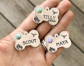 Custom Turquoise Pet ID Tag: Cactus & Longhorn Western Ranch Dog Name Tag