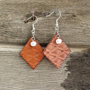 Aztec Print Stamped Leather Earrings with Pearl - Small