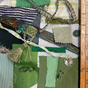 Slow Stitch Fabric Project Pieces Embroidered Greens Luck of the Irish for Project Work Lace Vintage Pillow making Doll making Journaling