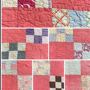 May include: Close-up of a patchwork quilt with a variety of fabric patterns and colors. The quilt features squares of solid red, floral prints, and checkered designs. The stitching is visible, adding texture to the handmade textile.