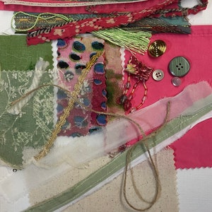 Slow Stitch Fabric Project Pieces Boho Pink and Green for Project Work Lace Vintage Pillow making Doll making Journaling