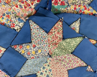 Quilt Squares 11.5 x 11.5  Rich Blue and Multi 8 Point StarTied 1920s Project Pieces Journaling Sewing Pillows Wallets Crafts