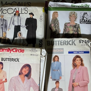 May include: A collection of vintage sewing patterns from brands like McCall's, Simplicity, Butterick, and Family Circle. The patterns feature illustrations of women's clothing, including coats, jackets, and dresses. The patterns are in various sizes and include text.