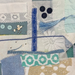 Slow Stitch Fabric Project Pieces Embroidered Blues By the Sea for Project Work Lace Vintage Pillow making Doll making Journaling