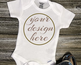 White Baby One Piece Mockup - Baby Shoes - Wood background  - Clothing mock up