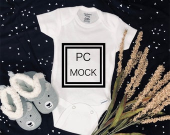 White Baby One Piece Mockup -  Fall Display - Clothing mock up - Baby Background - Black