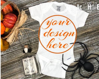 White Baby One Piece Mockup - Halloween - Spooky - Spider - Wood background - Fall Display - Clothing mock up