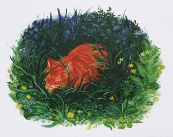 Orange Cat Gouache Print, Meadow Naptime