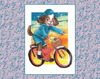 Bike Puppy Print | Vintage Style Gouache Illustration