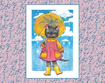 Rain Kitten Print | Vintage Style Nursery Art