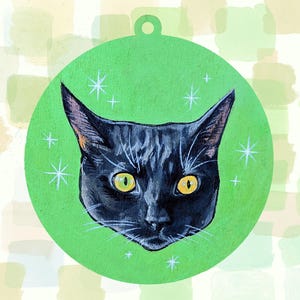 Retrato de mascota pintado a mano sobre adorno de madera redondo