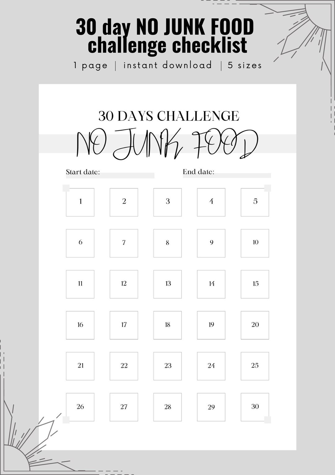 30 Day No Junk Food Challenge Tracker Goal Checklist Fast - Etsy