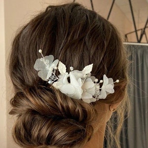 White silk chiffon bridal flower hair piece, Floral wedding hair comb, Ivory organza fabric wedding hair pin,