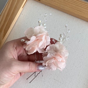 Lightest peach color hairpins, Larger flowers bride pins, Organza bridal headpiece, Chiffon floral blush hair pin