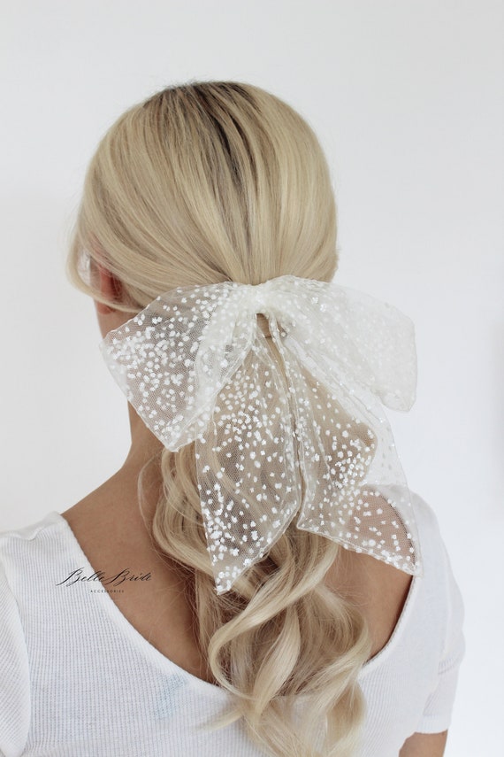 Bridal Ivory Hair Bow for Bride, Polka Dot Tulle Ponytail Bow