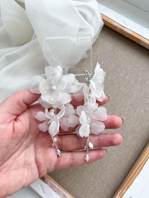 White Flowers Chiffon Earrings Bridal Statement Earring Boho Blossom Wedding Accessories Etsy