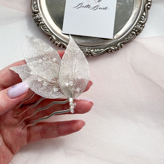 Handmade Leaf Hair Comb, Bridal Silver Leaf Headpiece  display picture 2