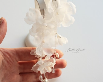 Fabric flower earrings for bride, Boho asymmetrical flower earrings, Chiffon botanical silk earring, White large earrings,
