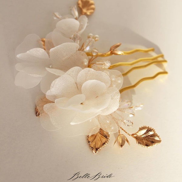 White chiffon bridal flower accessories, Floral wedding hair comb, Gold bridal  fabric pin