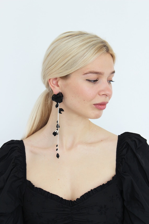 Black Floral Statement Earrings, Silk Flower Wedding  display picture 3