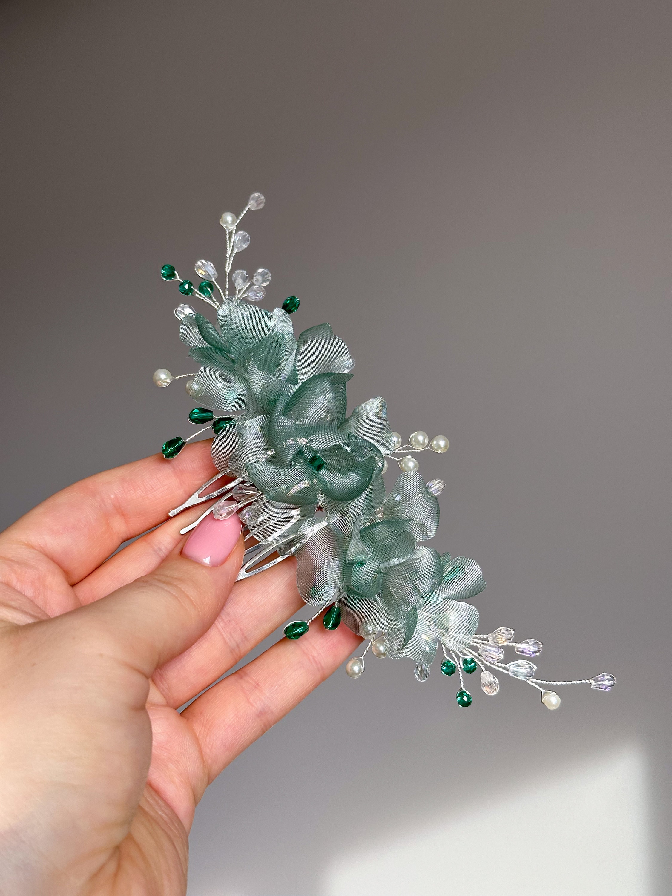 Rustic Flower Comb, Sage Green Crystal Hair Comb, Emerald Prom ...