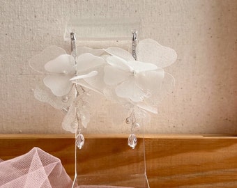 Blossom wedding silk earring, Fabric silk petal earrings, Dangle bohemia earrings, White sheer flower earrings, Boho bridal pendant earrings