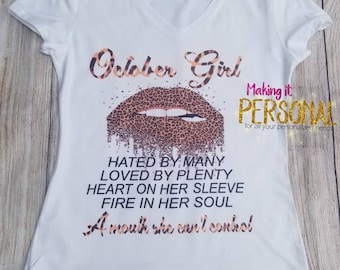 Leopard Compleanno Tshirt, Drippin leopardo labbra camicia di compleanno, camicia di compleanno October Girl, Una bocca che non può controllare tee