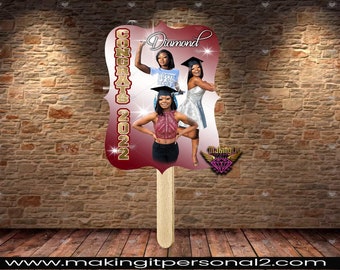Personalized stick fans, Customized 9 inch Graduation fans, Church Fans, Sorority Fans, Memorial Fans, Foldable Fans, Big Head fans,