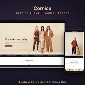 May include: A digital display of the Cornice Shopify theme fashion preset on a laptop and smartphone. The screens show a website layout featuring clothing collections, the text Made for everyday, and New arrivals, with product photography.