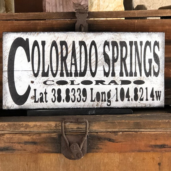 Colorado Springs Sign, Latitude Longitude Sign, Unique Rustic Farmhouse Sign, Unique Housewarming Gift, Fisherman Gift, Realtor GPS Gift