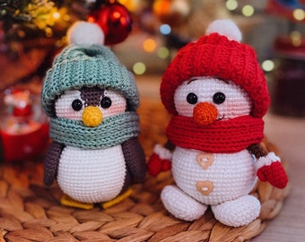 WINTER SET 2. Pin The pinguin, Snowman. Crochet English pattern. Amigurumi Tutorial. Christmas toy