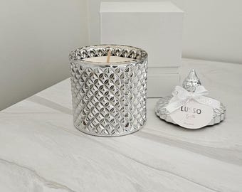 Silver Geometric Soy Candle | Luxury Glass Jar Candle | Modern Home Décor | Housewarming Gift