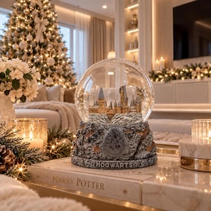 May include: A glass snow globe featuring a detailed miniature model of the Hogwarts castle inside. The base is textured like grey stone, displaying the Hogwarts crest and the word HOGWARTS in raised lettering, resting on a book titled Harry Potter.