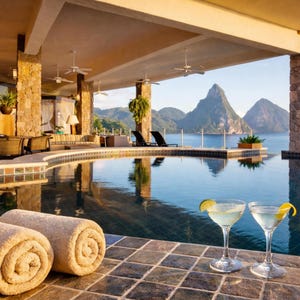 Puede incluir: Una piscina al aire libre con vistas al océano y a las montañas. Dos toallas beige enrolladas están en la terraza embaldosada. Dos copas de martini con adornos de lima y limón están en primer plano.