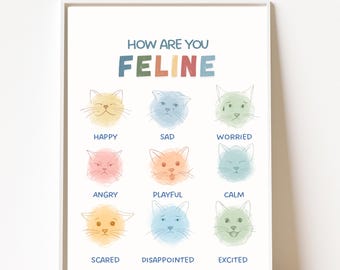Hoe gaat het met je kat, grafiek kattengevoelens – digitale download afdrukbare, poster emotioneel bewustzijn, kunst aan de muur therapie klas