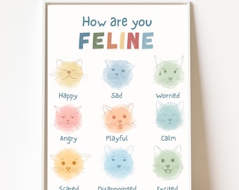 May include: A framed print with the text "How are you FELINE" above nine watercolor cat faces, each depicting a different emotion: happy, sad, worried, angry, playful, calm, scared, disappointed, and excited. The artwork is in a white frame.