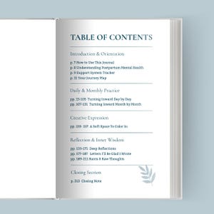 Op de afbeelding: Open journal met een turquoise omslag, met de inhoudsopgave. De tekst bevat secties over postpartum mentale gezondheid, dagelijkse praktijk, creatieve expressie en reflectie. De pagina's zijn wit met turquoise tekst.